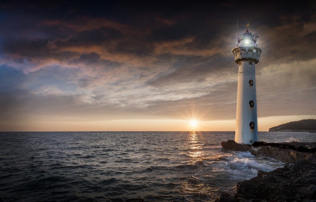 lighthouse, glow, evening