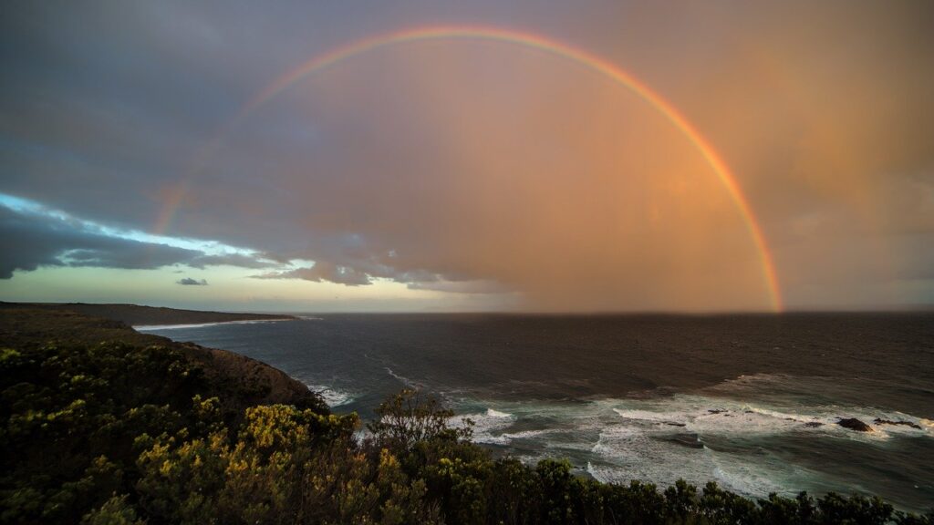 rainbow, coast, sunset