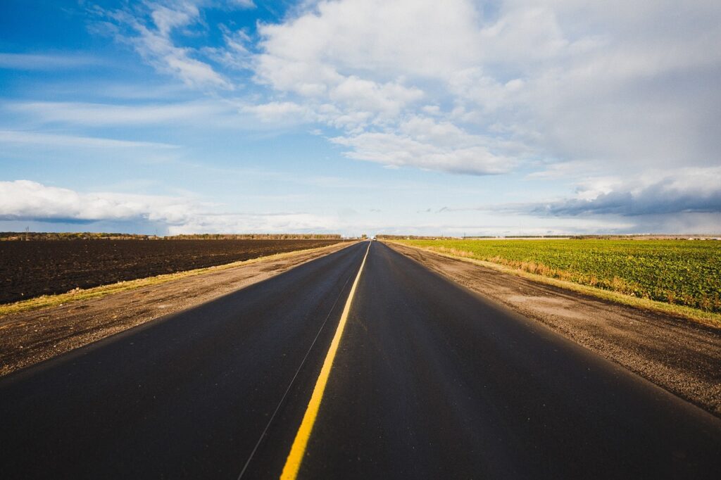 fields, road, horizon