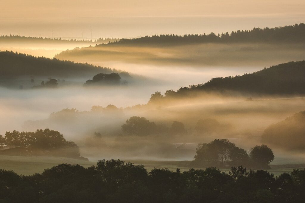 sunrise, mountains, fog
