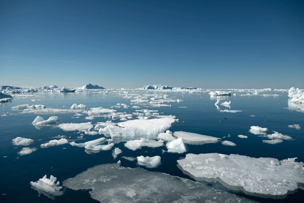 Icebergs floating in a calm blue ocean under clear sky