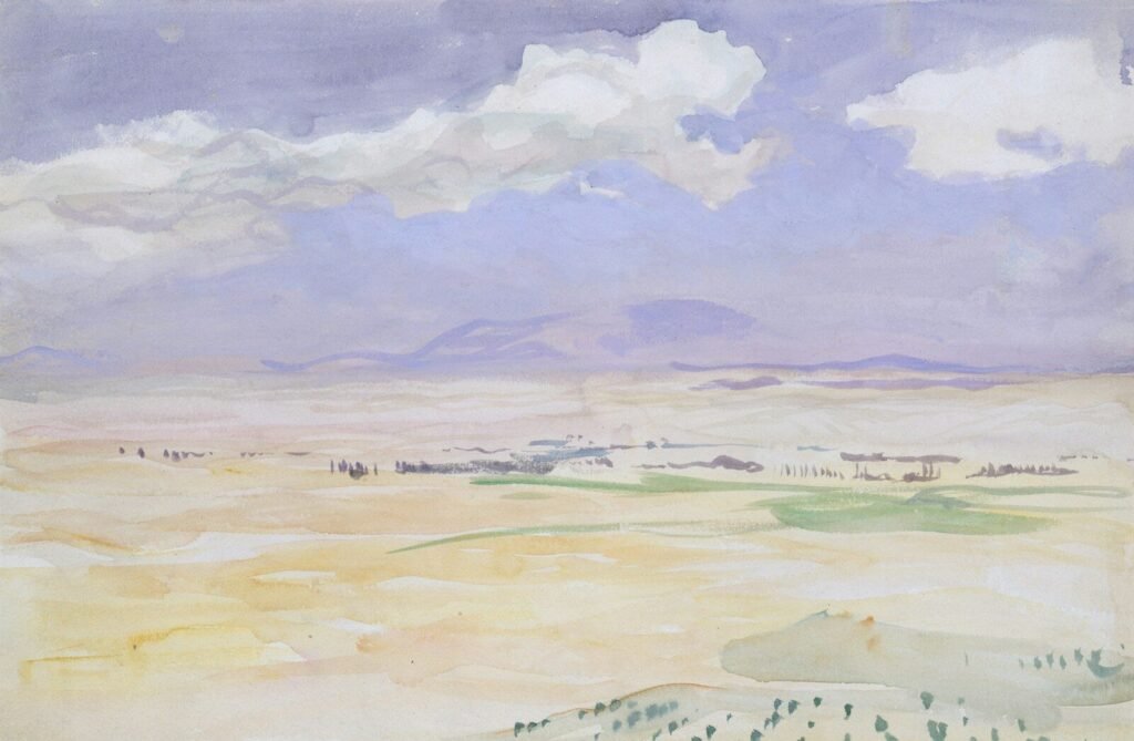 Vast arid landscape with distant mountains under a cloudy sky.