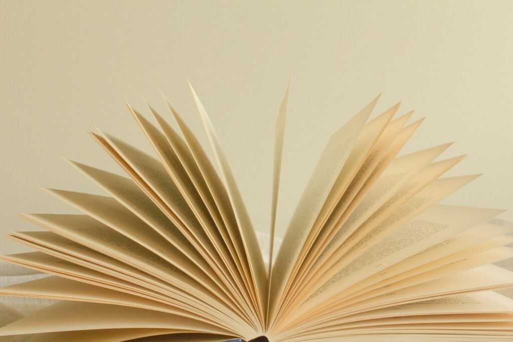 An open book with fanned pages against a plain light background