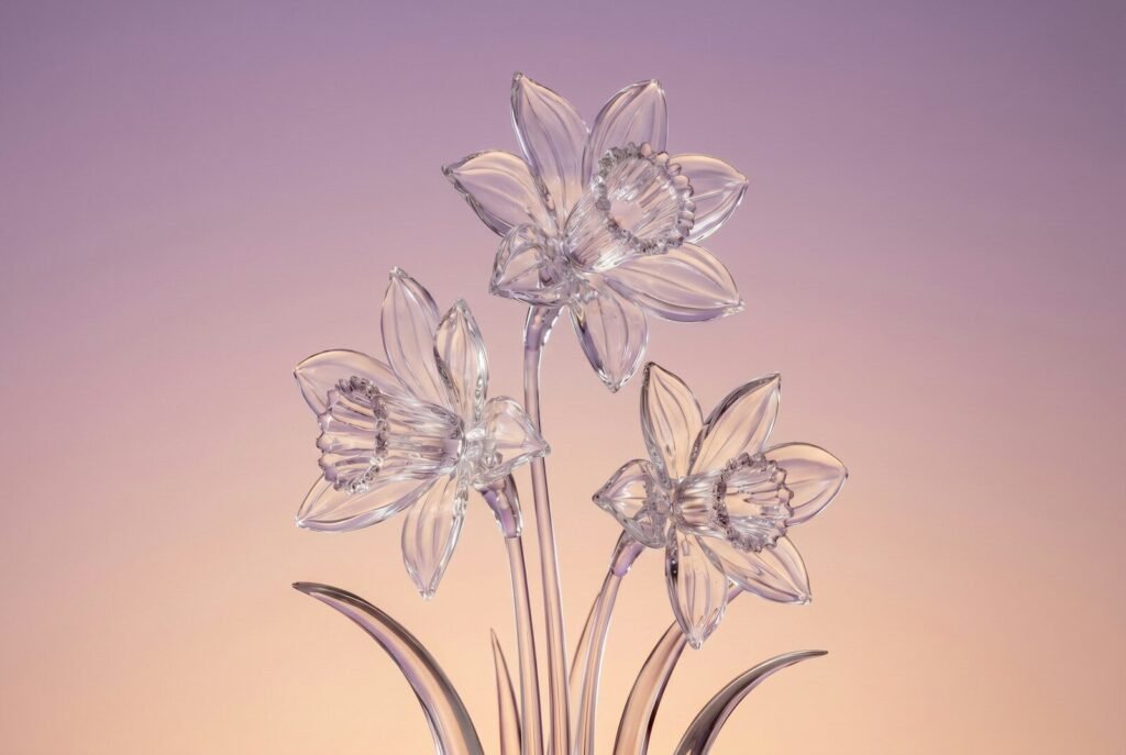 Three clear glass daffodils against a purple and orange gradient